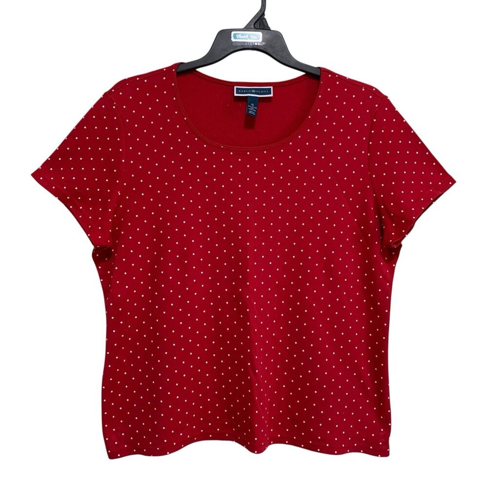 Karen Scott T-Shirt Top Womens Size XL Red White Polka Dots Short Sleeve Knit